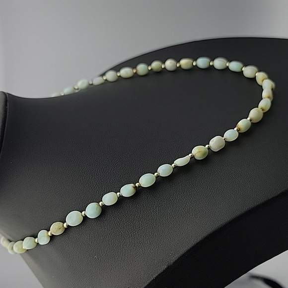 Natural Peru Blue Opal Gems 6 to 8mm Smooth Nugget Beads 17" Silver Necklace - Picture 3 of 11